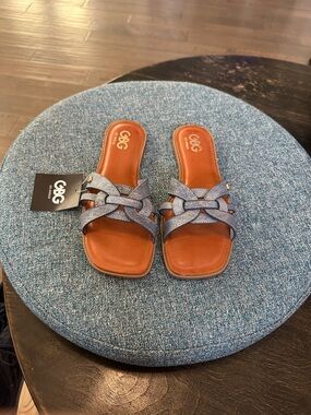 G by Guess Metallic Blue Woven Slide Sandals